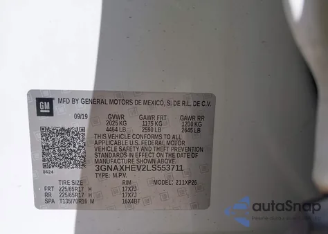 2020 Chevrolet Equinox Fwd Ls из США, поврежденный, VIN 3GNAXHEV2LS553711